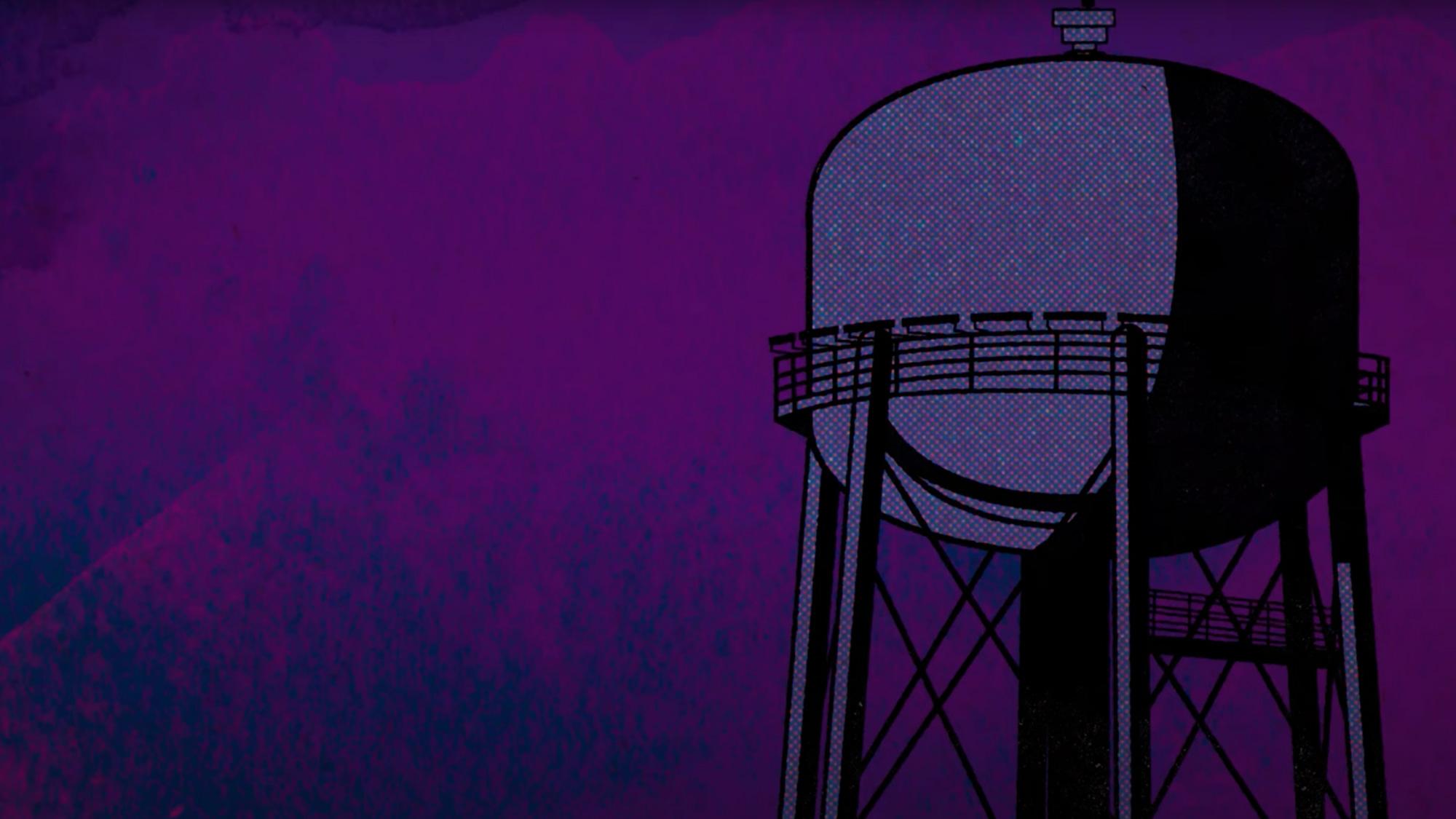 A comic book style illustration of the ֱ water tower